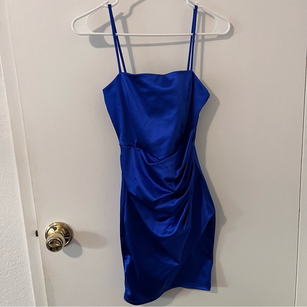 Windsor Satin Wrap Mini Dress Royal Blue Spaghetti Strap Bodycon Small
